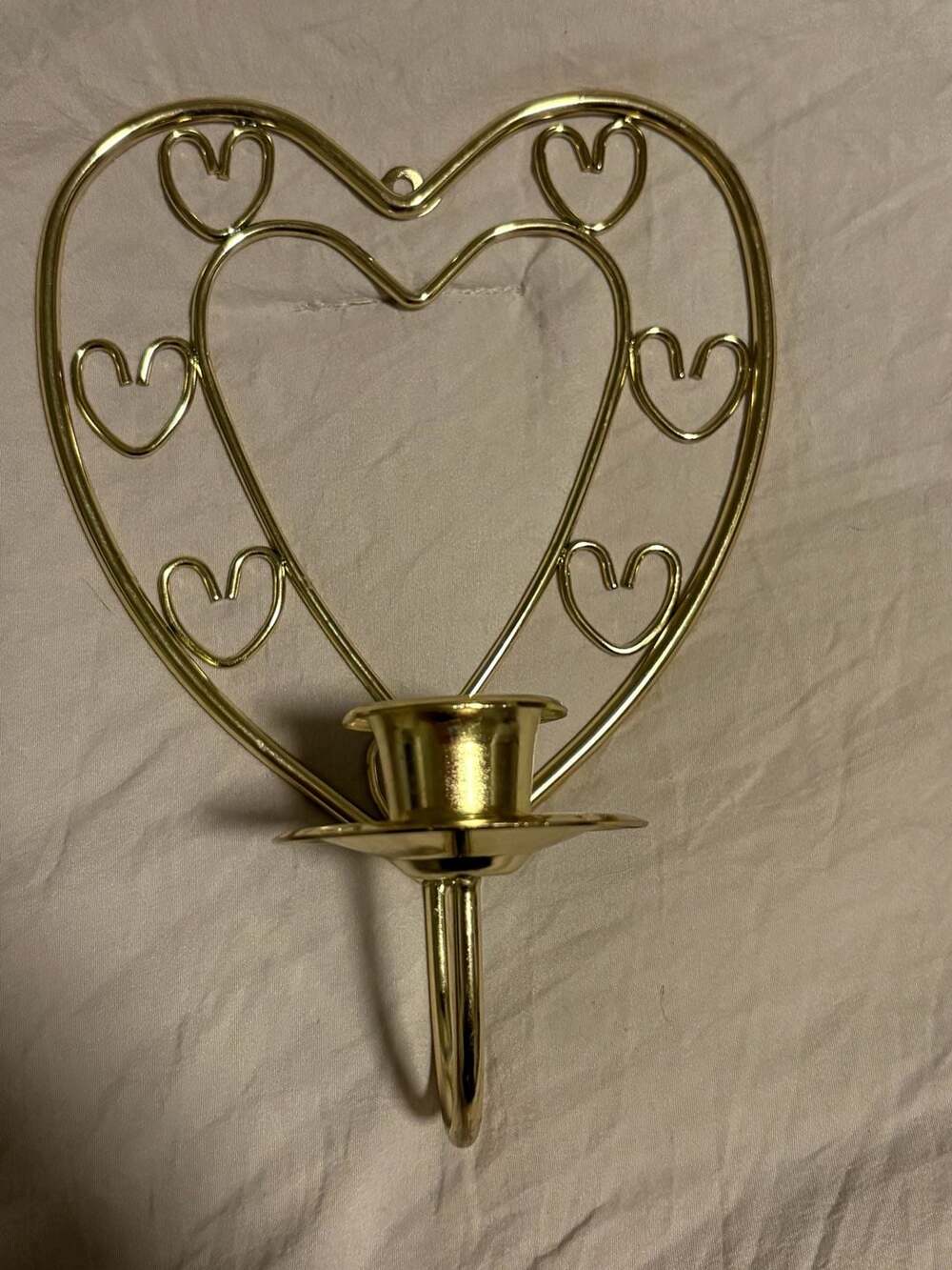 Vintage Brass Heart Wall Sconce Candle Holder with Small Heart Cutouts